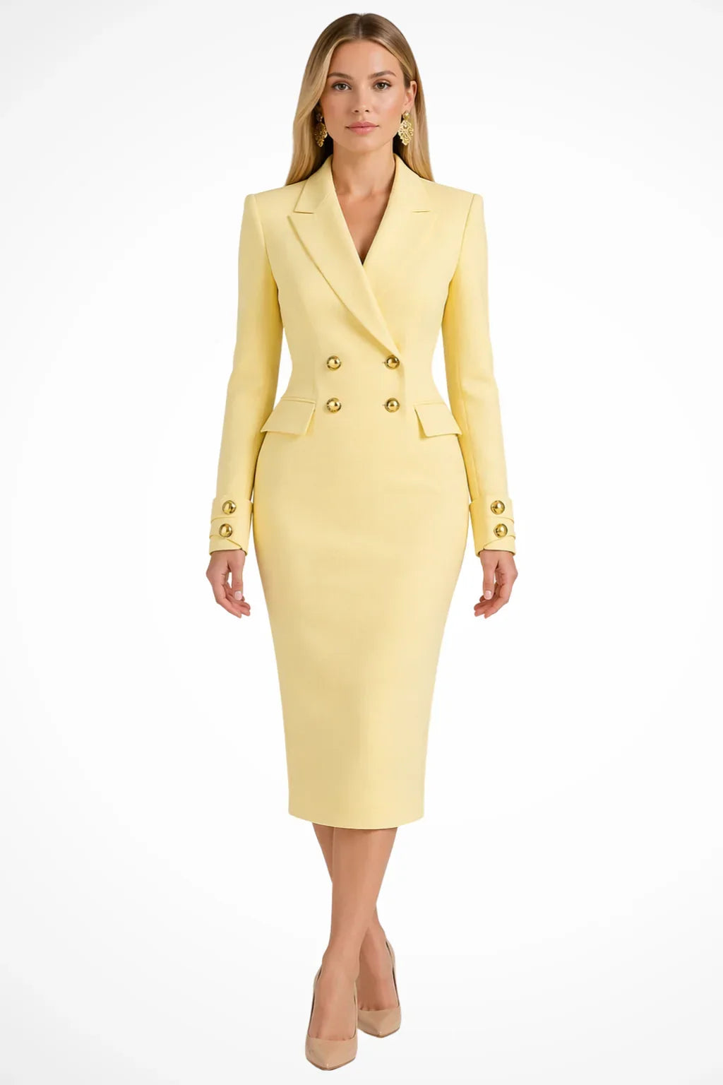 Women’s Midi Dress Peak Lapel Double-Breasted Long Sleeves – Business Luncheons