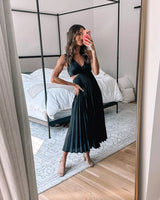 Women's Midi Dress Pleated Cut Out V Neck – Formal Evening