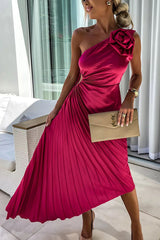 Women's Midi Dress Pleated One Shoulder Sleeveless – Wedding Guest