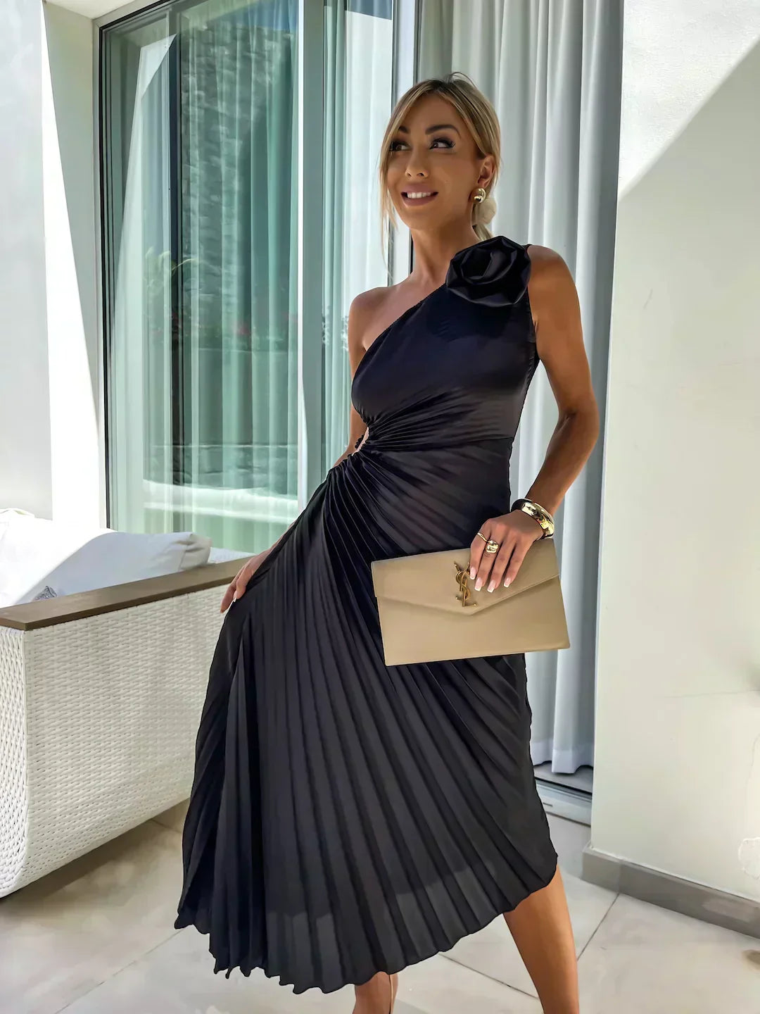 Women's Midi Dress Pleated One Shoulder Sleeveless – Wedding Guest