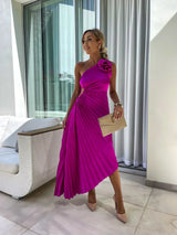 Women's Midi Dress Pleated One Shoulder Sleeveless – Wedding Guest