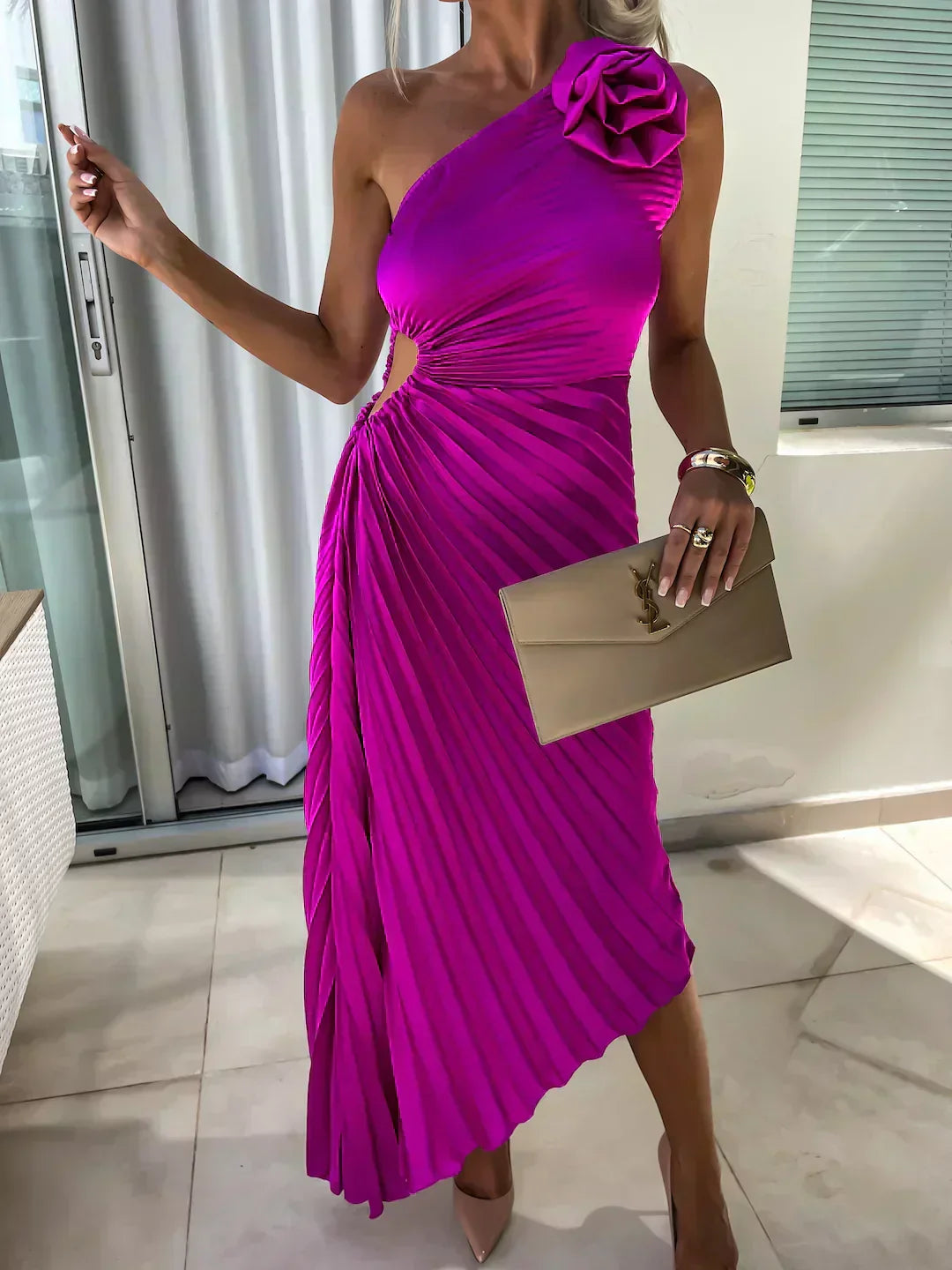 Women's Midi Dress Pleated One Shoulder Sleeveless – Wedding Guest