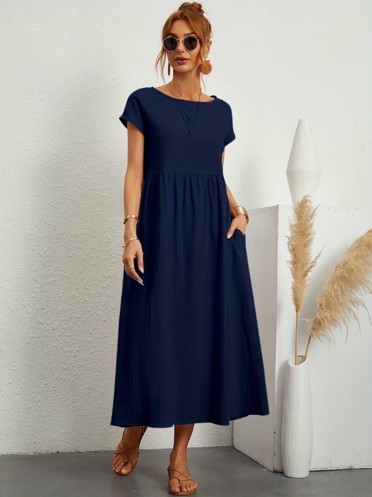 Women's Midi Dress Short Sleeve Round Neck – Garden Party