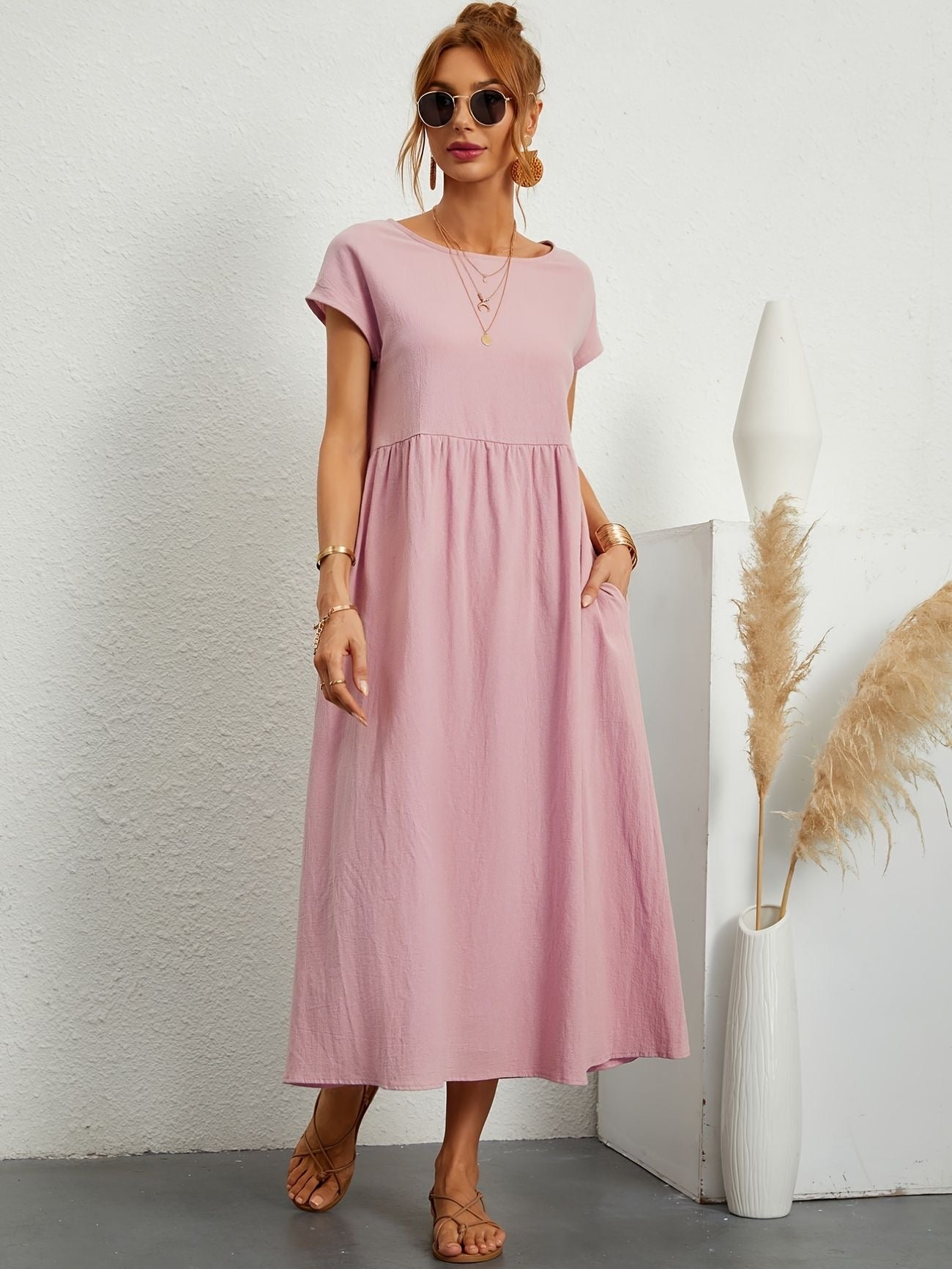 Women's Midi Dress Short Sleeve Round Neck – Garden Party