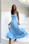 Women's Midi Dress Spaghetti Strap Scoop Neck Ruffle Hem – Wedding Guest
