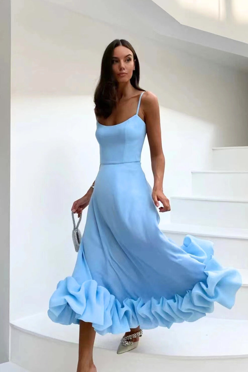 Women's Midi Dress Spaghetti Strap Scoop Neck Ruffle Hem – Wedding Guest
