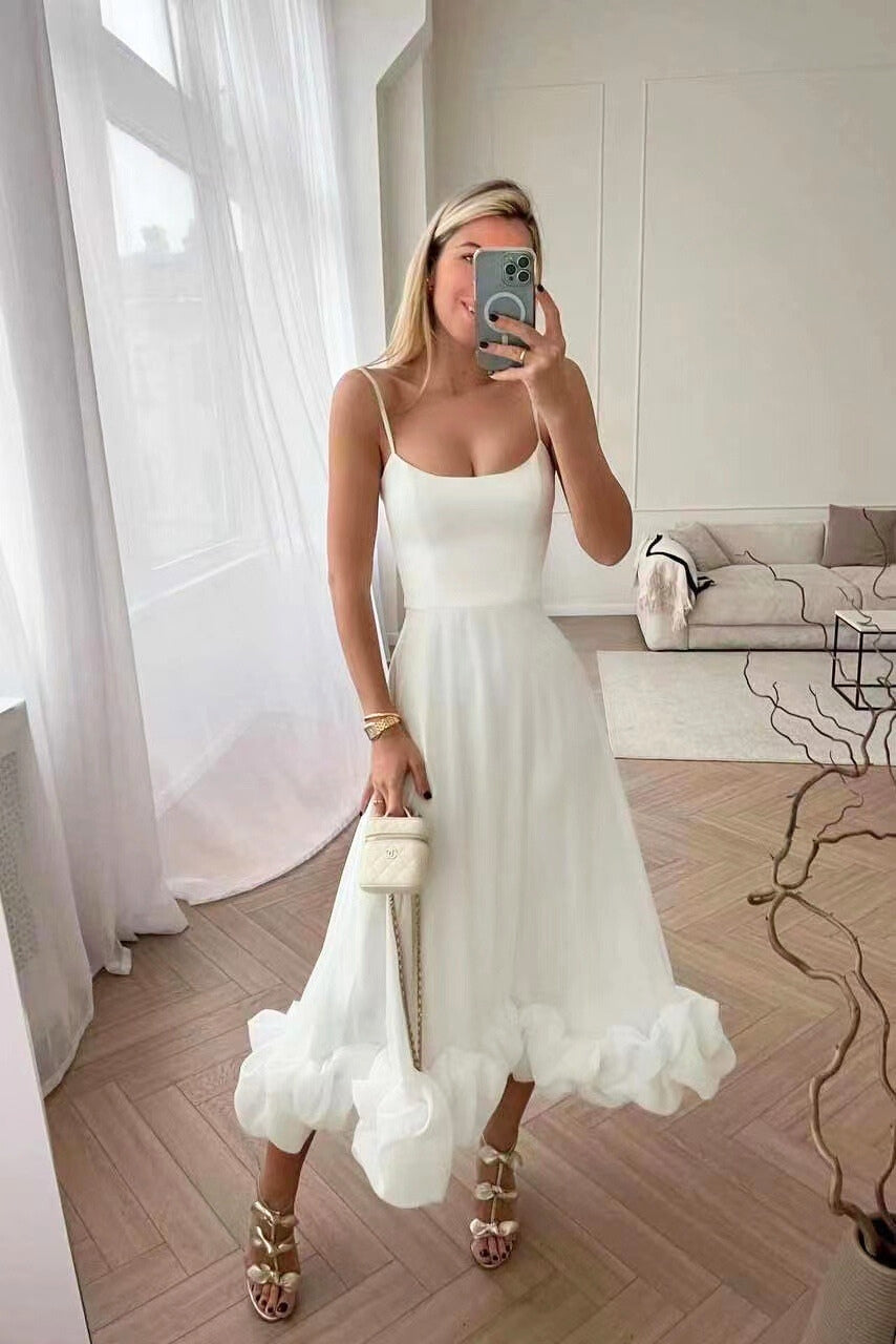 Women's Midi Dress Spaghetti Strap Scoop Neck Ruffle Hem – Wedding Guest