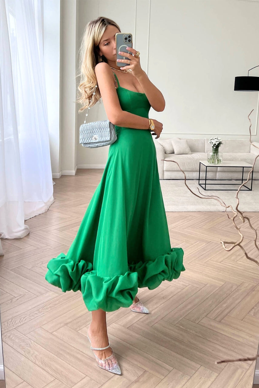 Women's Midi Dress Spaghetti Strap Scoop Neck Ruffle Hem – Wedding Guest