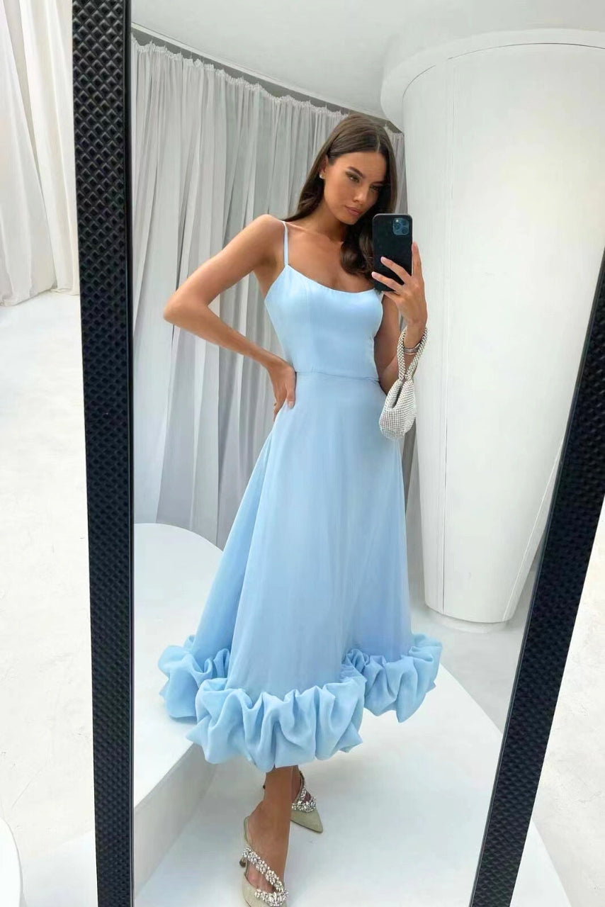 Women's Midi Dress Spaghetti Strap Scoop Neck Ruffle Hem – Wedding Guest