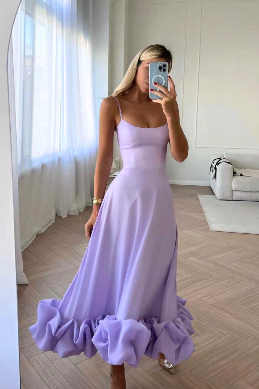 Women's Midi Dress Spaghetti Strap Scoop Neck Ruffle Hem – Wedding Guest