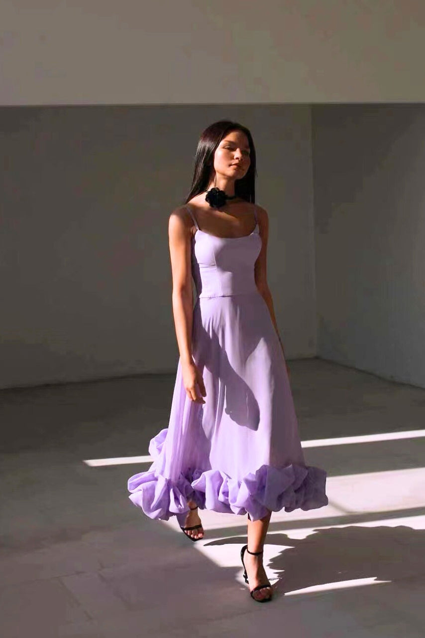 Women's Midi Dress Spaghetti Strap Scoop Neck Ruffle Hem – Wedding Guest