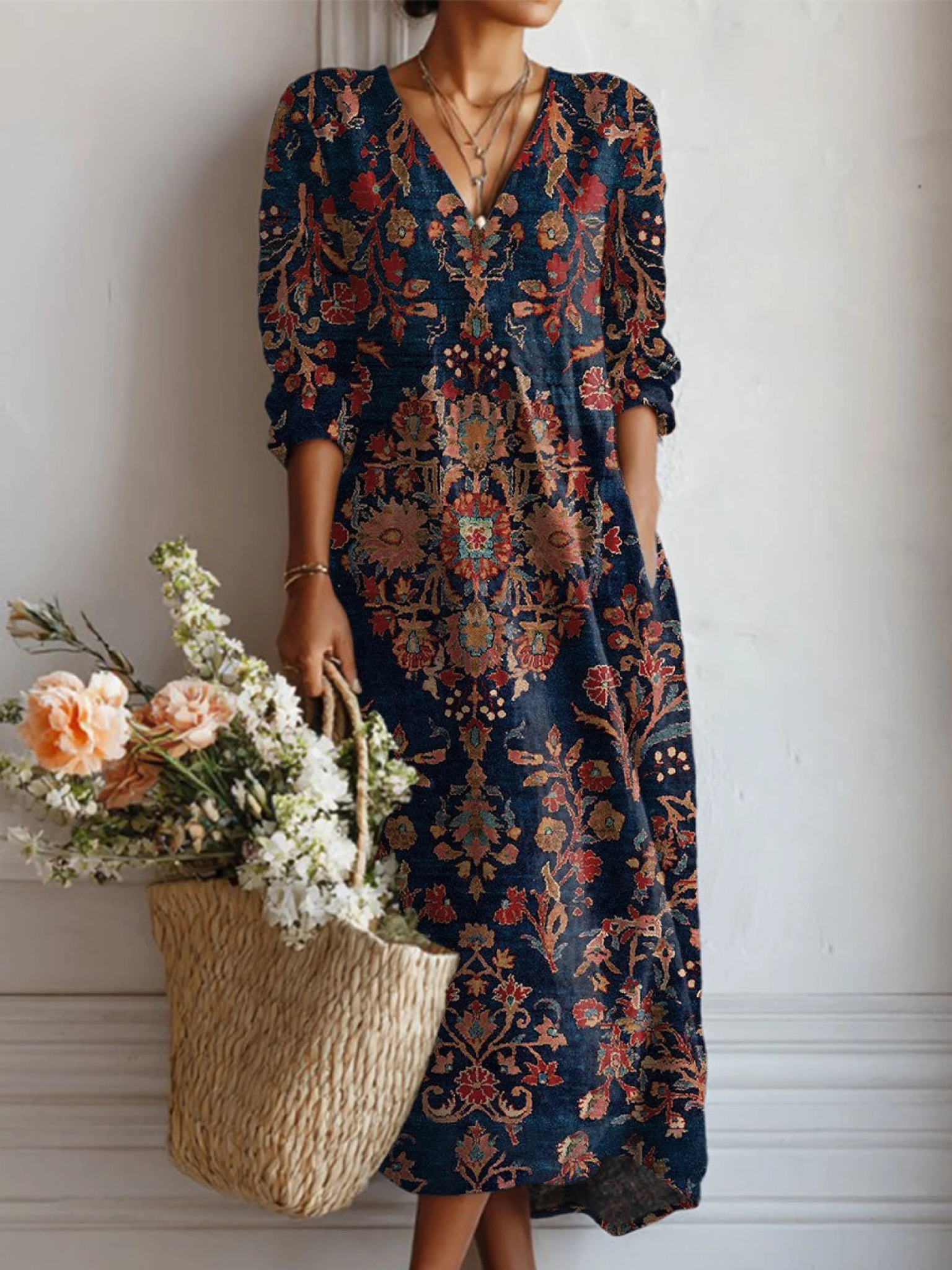 Women's Midi Dress V Neck Side Pocket Curved Hem – Garden Party