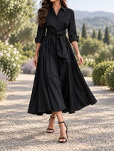 Women’s Midi Shirt Dress Point Collar Button Front Waist Tie – Business Luncheons