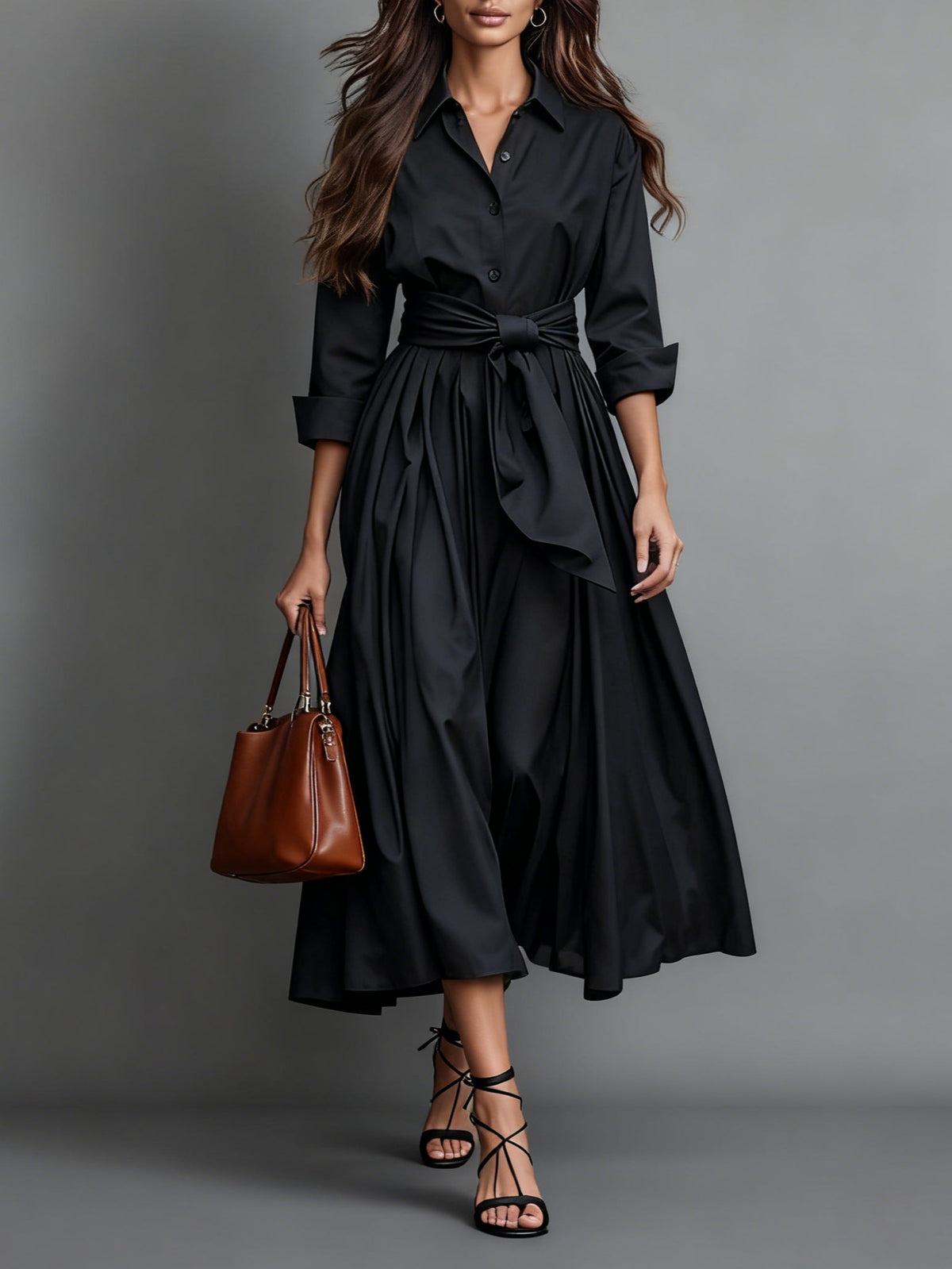 Women’s Midi Shirt Dress Point Collar Button Front Waist Tie – Business Luncheons