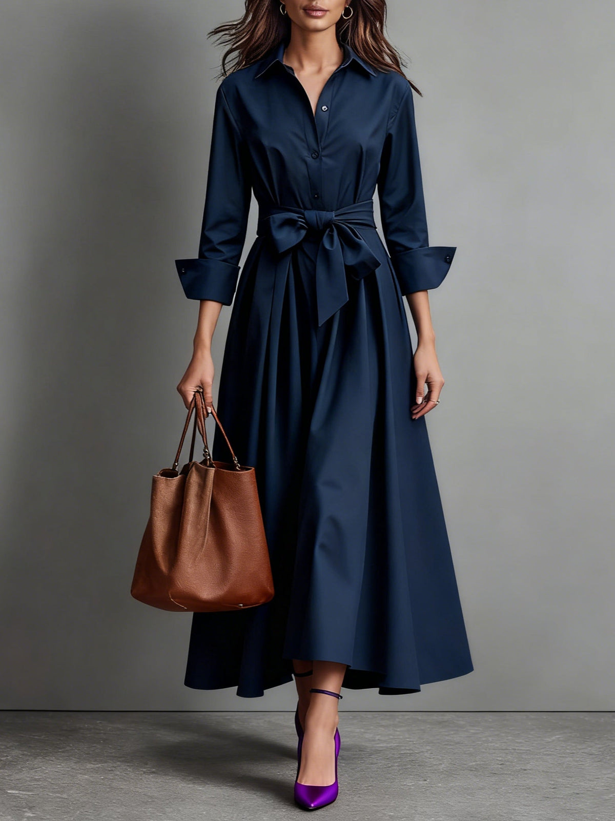 Women’s Midi Shirt Dress Point Collar Button Front Waist Tie – Business Luncheons