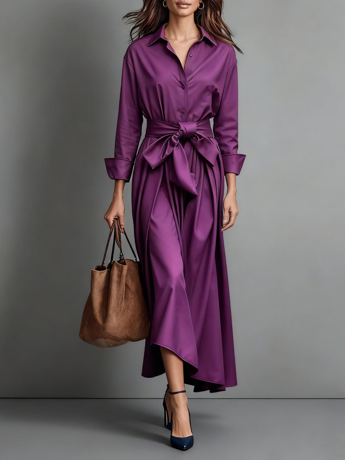 Women’s Midi Shirt Dress Point Collar Button Front Waist Tie – Business Luncheons