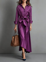 Women’s Midi Shirt Dress Point Collar Button Front Waist Tie – Business Luncheons