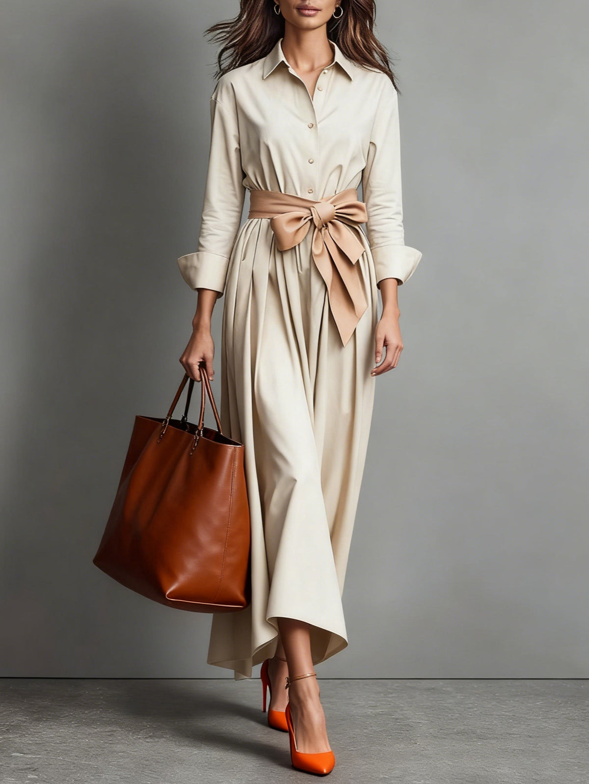 Women’s Midi Shirt Dress Point Collar Button Front Waist Tie – Business Luncheons