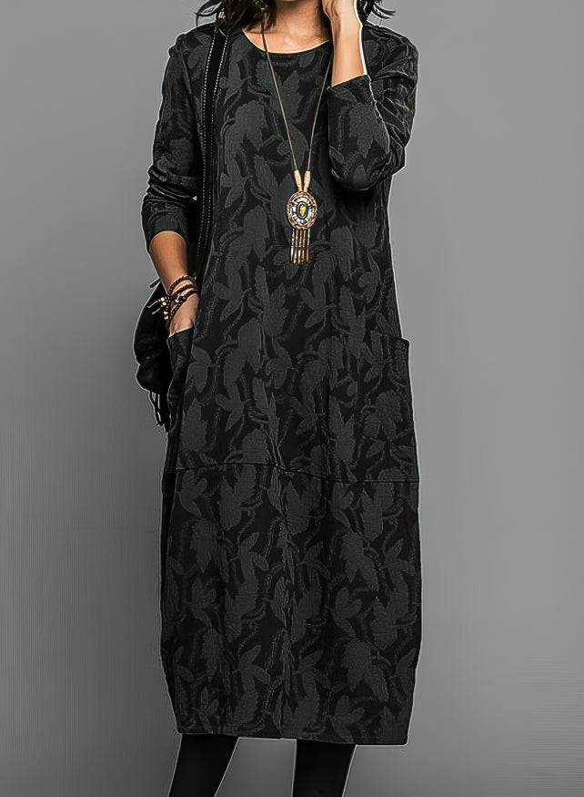 Women’s Midi Winter Dress Round Neck Long Sleeve Leaf Pattern – Library Afternoons