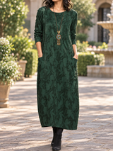 Women’s Midi Winter Dress Round Neck Long Sleeve Leaf Pattern – Library Afternoons
