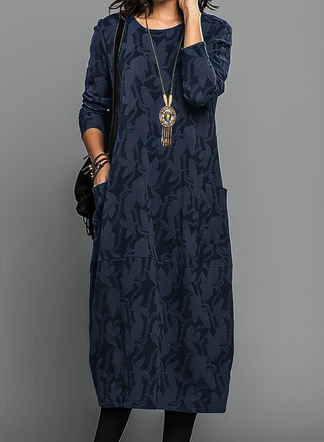 Women’s Midi Winter Dress Round Neck Long Sleeve Leaf Pattern – Library Afternoons
