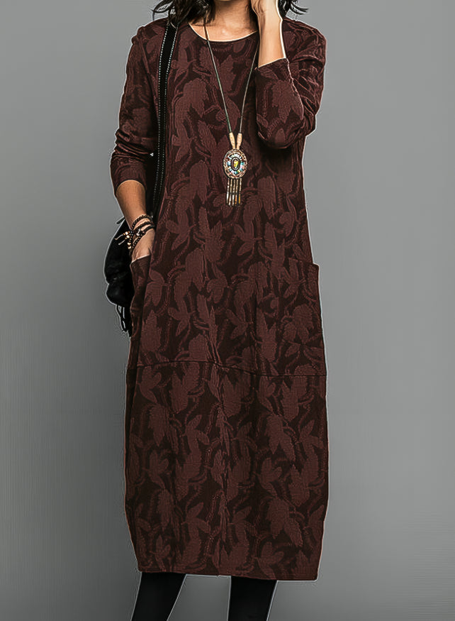 Women’s Midi Winter Dress Round Neck Long Sleeve Leaf Pattern – Library Afternoons