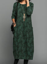 Women’s Midi Winter Dress Round Neck Long Sleeve Leaf Pattern – Library Afternoons