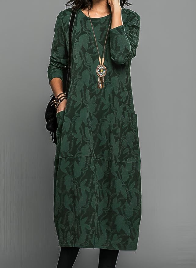 Women’s Midi Winter Dress Round Neck Long Sleeve Leaf Pattern – Library Afternoons