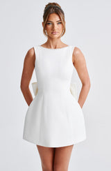 Women's Mini Dress A-Line Bateau Neck Pearl Trim – Wedding Guest Dress