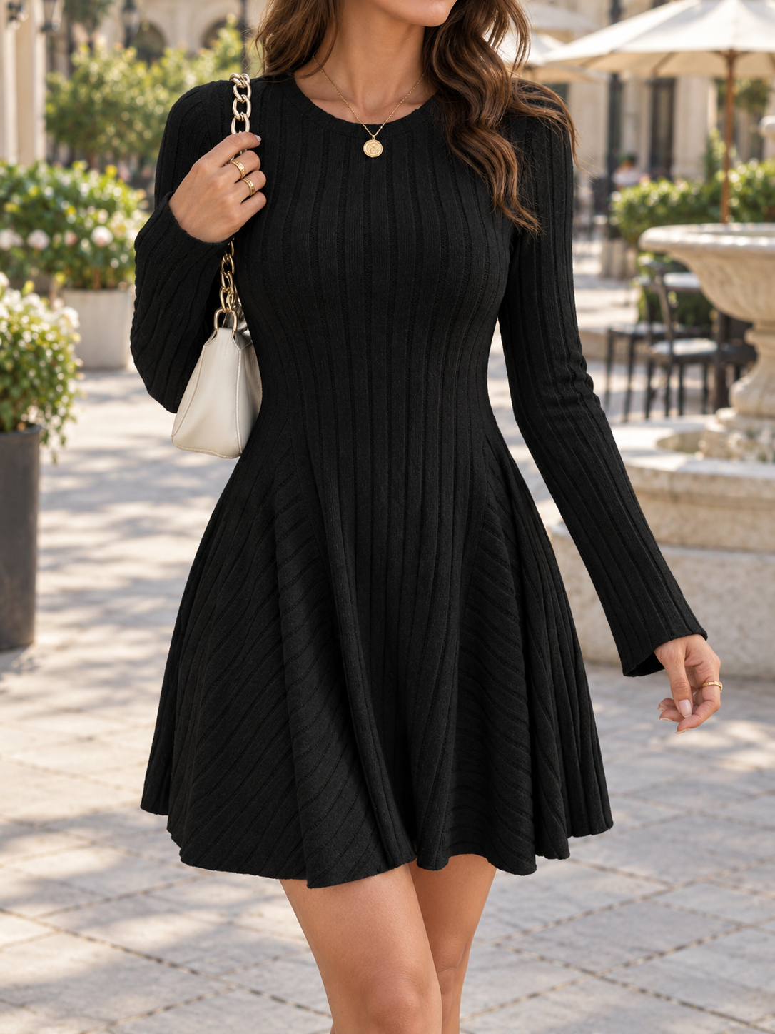 Women’s Mini Dress Crew Neck Long Sleeves Ribbed Panel Detail – Dinner Gatherings