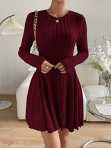 Women’s Mini Dress Crew Neck Long Sleeves Ribbed Panel Detail – Dinner Gatherings