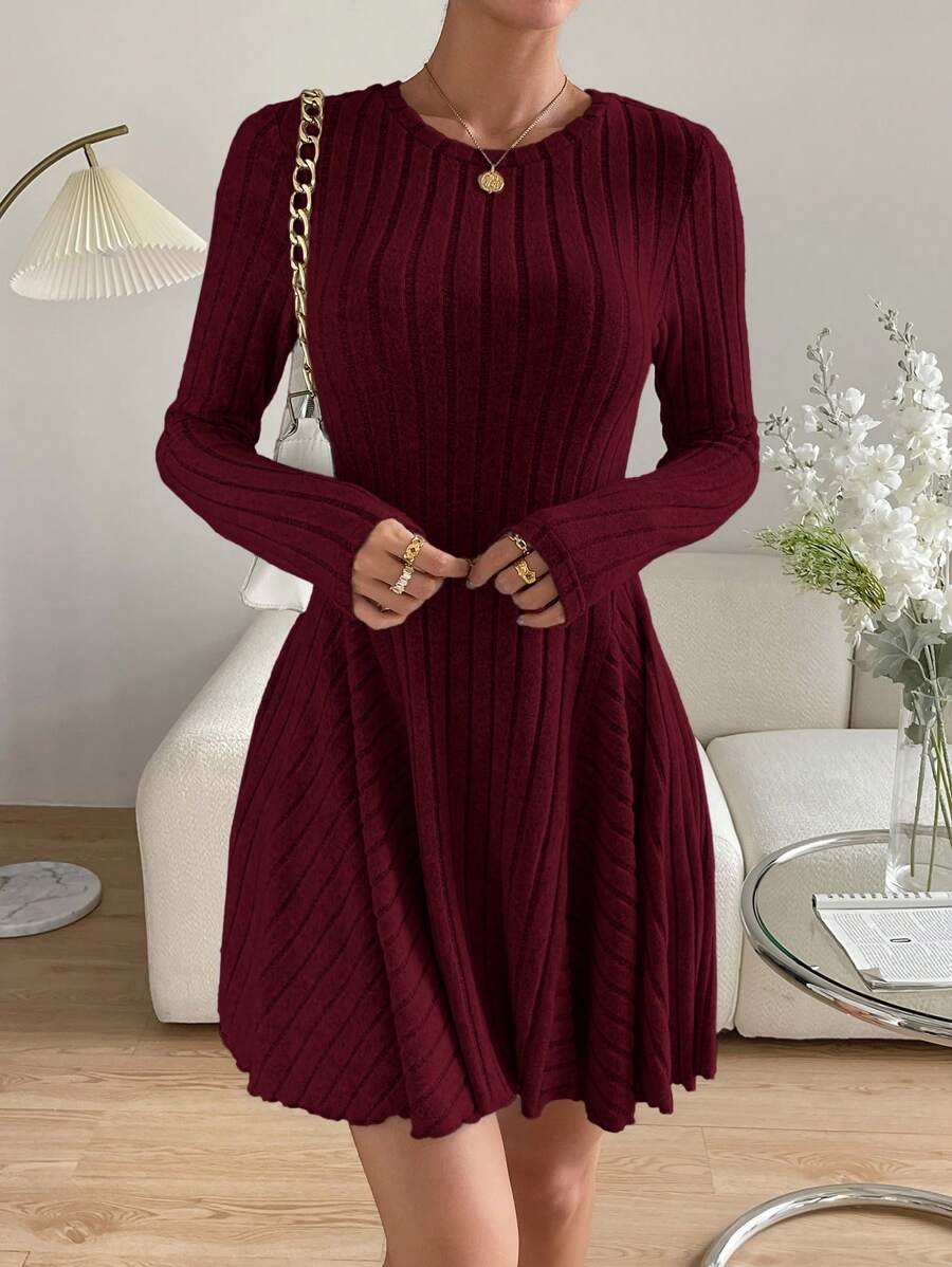 Women’s Mini Dress Crew Neck Long Sleeves Ribbed Panel Detail – Dinner Gatherings