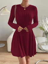 Women’s Mini Dress Crew Neck Long Sleeves Ribbed Panel Detail – Dinner Gatherings