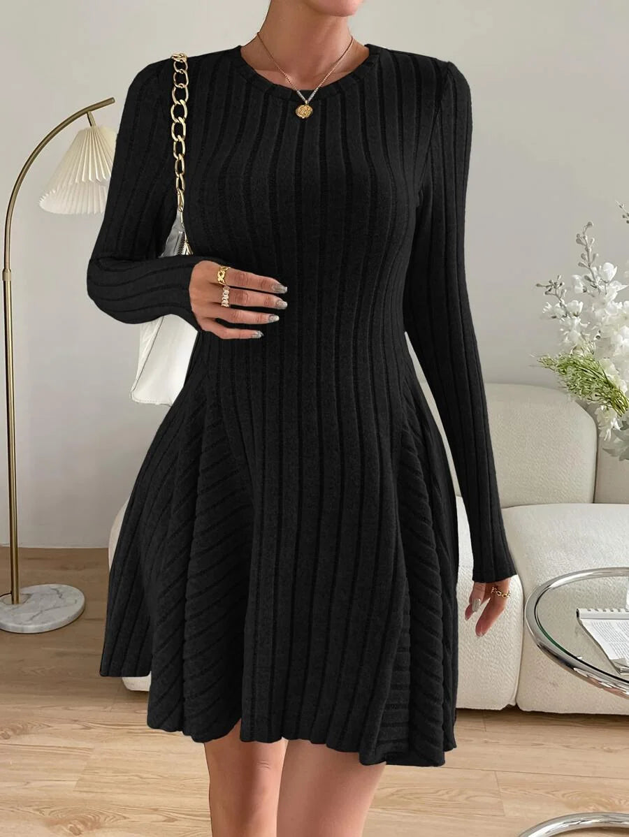 Women’s Mini Dress Crew Neck Long Sleeves Ribbed Panel Detail – Dinner Gatherings