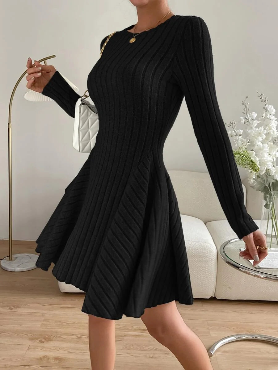 Women’s Mini Dress Crew Neck Long Sleeves Ribbed Panel Detail – Dinner Gatherings