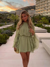 Women's Mini Dress Pleated Ruffle Long Sleeve High Neck – Cocktail Party