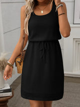 Women's Mini Dress Textured Sleeveless Round Neck Drawstring – Office Wear
