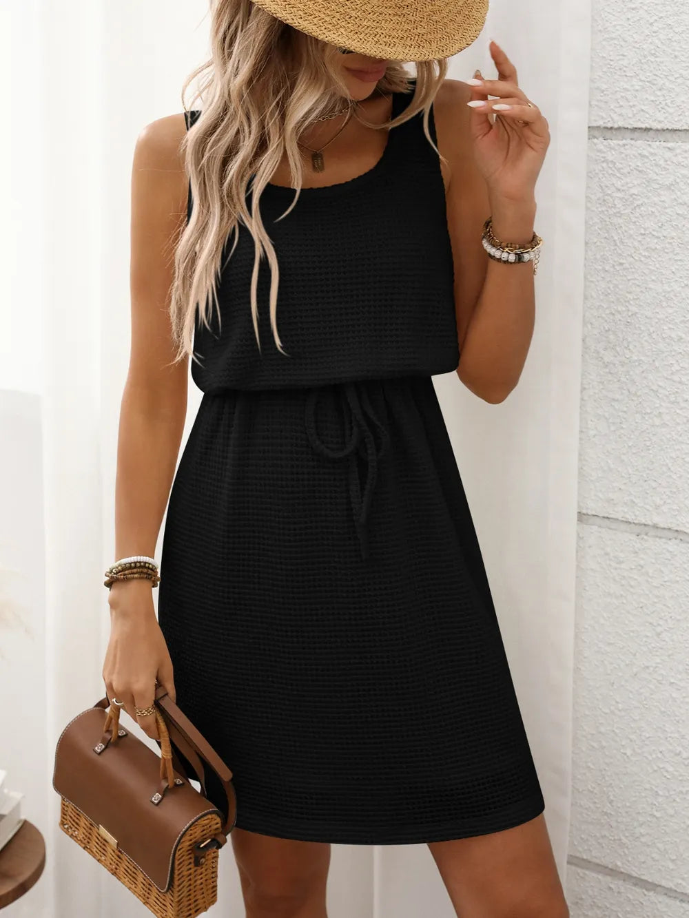 Women's Mini Dress Textured Sleeveless Round Neck Drawstring – Office Wear