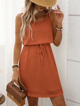 Women's Mini Dress Textured Sleeveless Round Neck Drawstring – Office Wear
