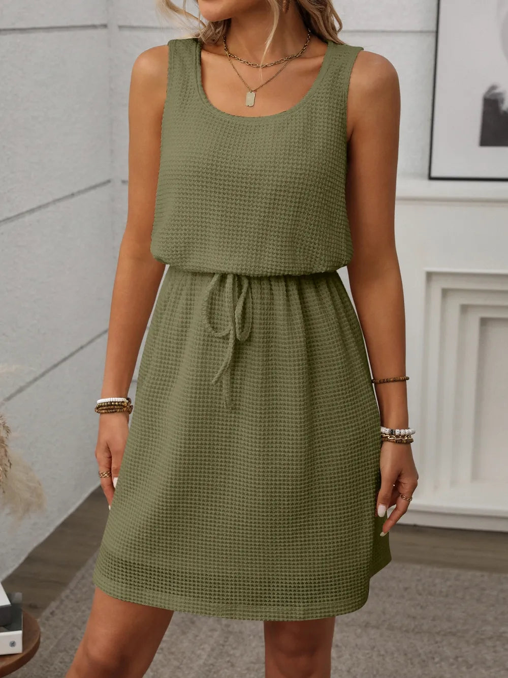 Women's Mini Dress Textured Sleeveless Round Neck Drawstring – Office Wear