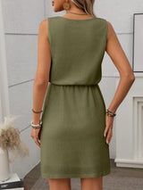 Women's Mini Dress Textured Sleeveless Round Neck Drawstring – Office Wear