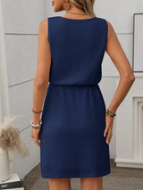 Women's Mini Dress Textured Sleeveless Round Neck Drawstring – Office Wear