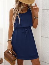 Women's Mini Dress Textured Sleeveless Round Neck Drawstring – Office Wear