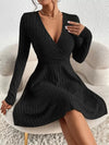 Women’s Mini Dress V-Neck Wrap Front Ribbed Texture Long Sleeves – Birthday Dinners