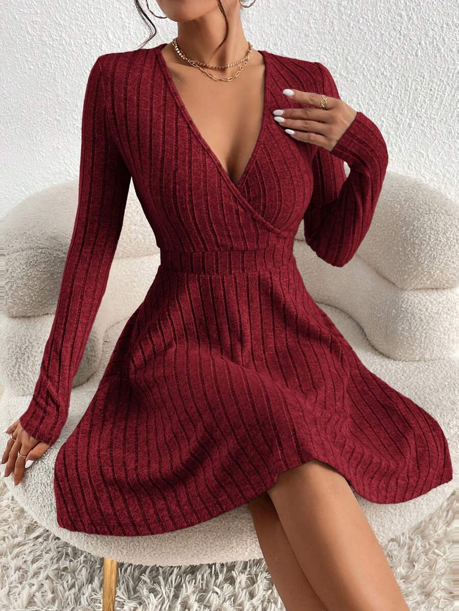 Women’s Mini Dress V-Neck Wrap Front Ribbed Texture Long Sleeves – Birthday Dinners