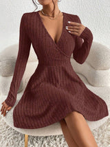Women’s Mini Dress V-Neck Wrap Front Ribbed Texture Long Sleeves – Birthday Dinners
