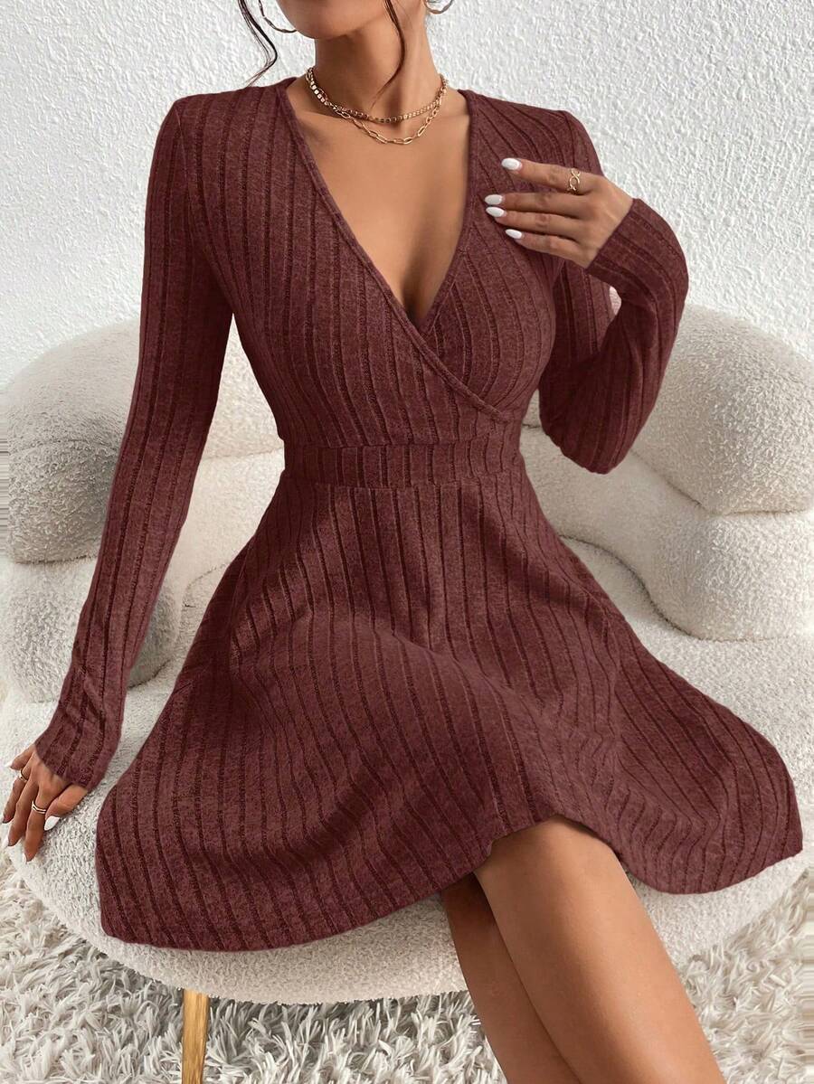 Women’s Mini Dress V-Neck Wrap Front Ribbed Texture Long Sleeves – Birthday Dinners