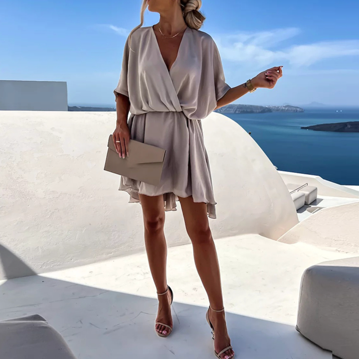 Women's Mini Dress Wrap V-Neck Batwing Sleeve – Evening Casual Wear