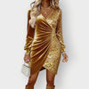 Women’s Mini Party Dress V-Neck Ruched Side Sequin Detail – Cocktail Receptions