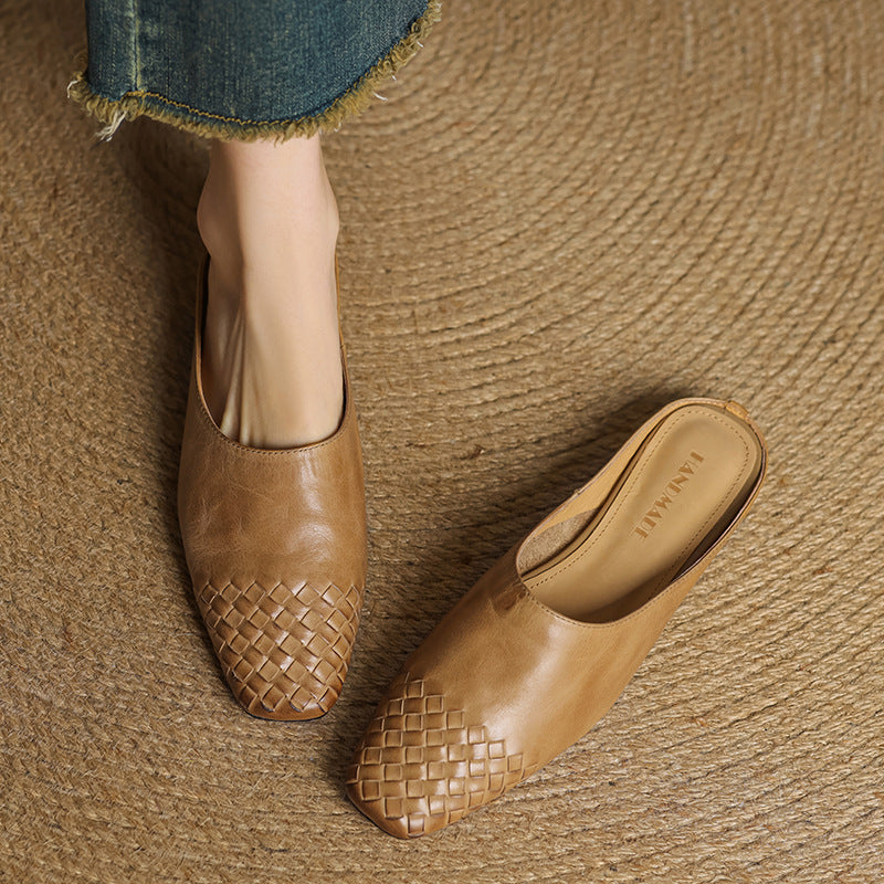 Women's Mule Shoes Square Toe Woven Detail Slip-On – Casual Boho
